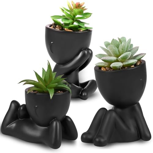 Foribyw 3pcs Cute Flower Pot with Artificial Succulent Plants, Small Human Shape Cactus Pot Creative Black Vase Fake Planter Table Decoration for Desktop Home Office Garden Decor