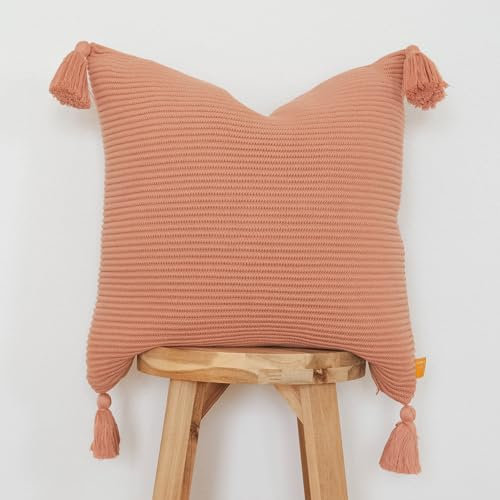 Lumi Living 100 % weiche Baumwolle, erhöhte Streifen, strukturierter Rippstrick-Kissenbezug mit Quasten (45,7 x 45,7 cm, rosa Ton)