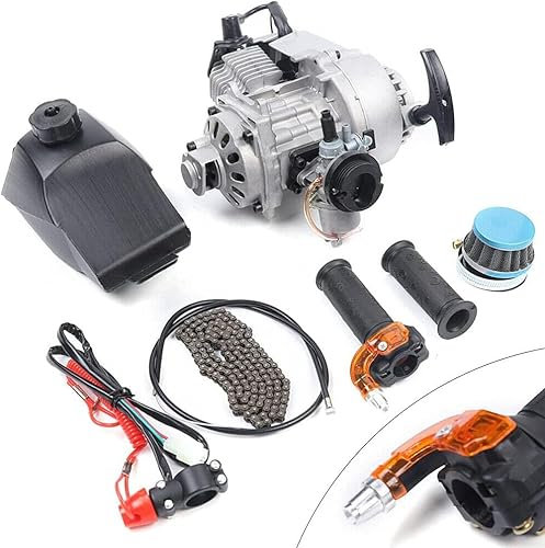 Kaichenyt Motor, 49CC 2-Takt Einzelzylinder Mini-Motor Getriebe Vergaser Lufterzwungene Kühlung Rennmotor mit Kraftstofftank für Pocket Bike Mini Dirt Bike ATV Roller