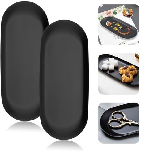 2 Stück Kleines Tablett Schwarz Servierteller Dekoteller 23x9,5 cm, Edelstahl Deko Tablett Dekoschale Verwendung als Obstschale Ablageschale Metall für Dessert Kosmetik Schmuck