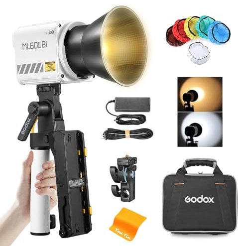 Godox ML60II Bi-LED-Videoleuchte – Tragbare 70-W-Studioleuchte, 2800–6500 K CRI≥96 TLCI≥97, 11 FX-Lichteffekte, Zweifarbige Handfotografieleuchte mit AK-B01-Griff-Batteriesockel