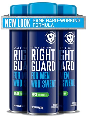Right Guard Sport Fresh Scent Antiperspirant & Deodorant Spray - 4-in-1 Protection Spray Deodorant for Men, Blocks Sweat, 48-Hour Odor Control, Quick-Drying, & Long-Lasting, 6oz (3 Pack)