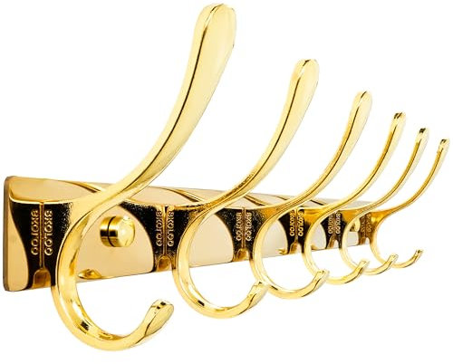 SKOLOO Coat Rack Wall Mounted - 6 Hooks, Heavy Duty, Stainless Steel, Metal Wall Coat Hanger, Sturdy Wall Hooks for Hanging Coat, Jacket, Clothes, Hat, Bright Gold