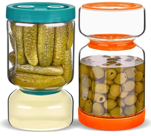 ZENS Glass Pickle Jar with Strainer Flip, 2 Pack 51oz Anti-Slip Large Pickle Container, Airtight Hourglass Pickle Juice Separator Canning Jar for Storage Olive, Gherkin, Pickles, Peacock Blue&Orange