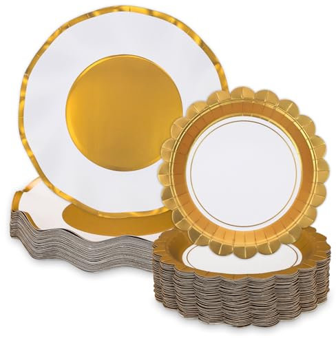 ECOHOLA Gold and White Party Plates 100pk, Paper Plates with 50pk Dinner Plates & 50pk Dessert Plates - Disposable Plates Bulk Set Family Dinner Holiday Wedding Anniversary Birthday Party Dishware