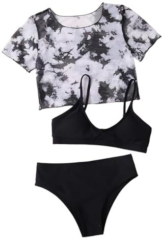 3 Stück Bikini Set Mädchen Teenager 3 Teiliges Badeanzüge für Mädchen mit Batik Überkleid Verstellbare Einfarbiges Sommer Strand Kinder-Bademode Set Bikinioberteil mit Triangel Bikinihose 5-12 Jahre