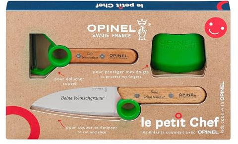 Opinel Le Petit Chef Kinder-Küchenmesser-Set mit Holzgriff | 3-teilig | persönliche Gravur | Sparschäler | rostfrei | Fingerschutz | Geschenk (grün)