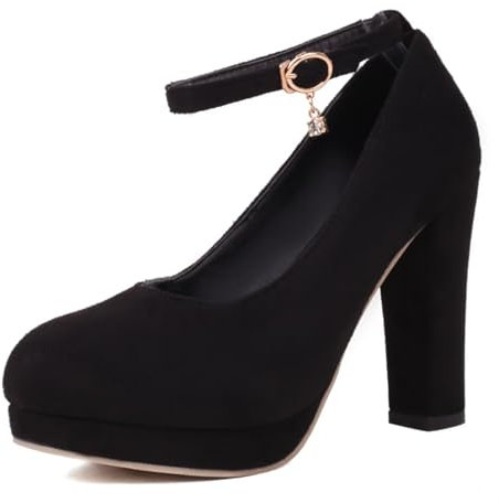 HSyc JRX Escarpins à talons hauts pour femme avec plateforme - Talon bloc - Bride de cheville, Noir , 35 EU