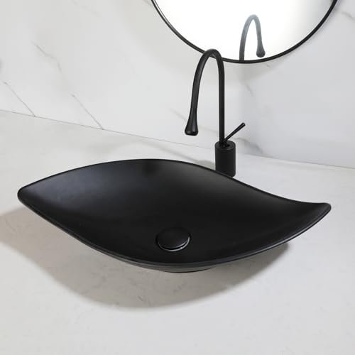 GLOBAOSALU Oval Black Bathroom Vessel Sink With Faucet And Drain 26x13 Leaf Shaped Vessel Sink Black Vessel Sink Bathoom Stone Resin Sink Above Counter Sink Bowl Black Bowl Sinks for Bathrooms