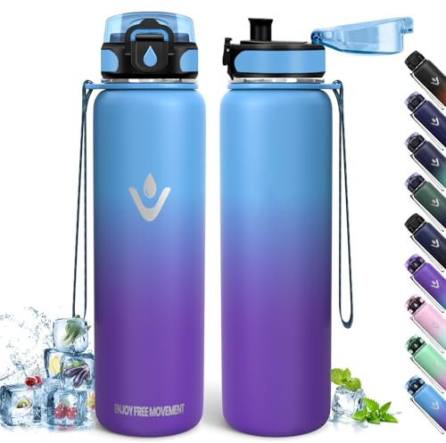 Gourde Inox, 1L sans BPA, Gourde Isotherme, Étanche Isolation à Double Paroi, Gourde Isotherme Inox, Bouteille d'eau, Acier Inoxydable 18/8, Bouteille Isotherme pour Randonnée, Course, Yoga, Ciclismo