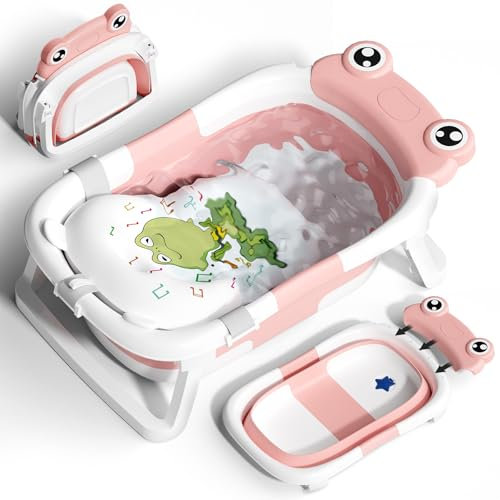 COOSEYA Baignoire Pliable pour Bébé, Rose, 0-12 Mois, Inclut Coussin de Bain, Évacuation Tempérament, Matériaux de Qualité Supérieure