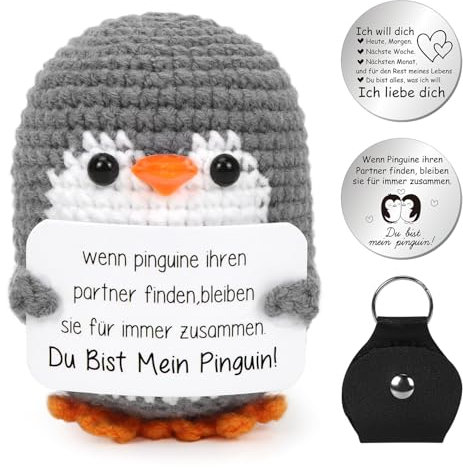 Mini Pinguin Ich Liebe Dich Geschenke, Jahrestag Geschenk für Frauen, Strickwolle Pinguin Puppe mit Liebesmünzen Karte, Pocket Hug Pinguin, Romantische Geschenk für Ehefrau Hochzeitstag Valentinstag