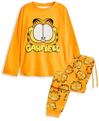 Garfield Pyjama-Set für Damen | Langer Pyjama aus Velours-Fleece mit Lazy Cat-Grafik für Erwachsene in Orange | Damen-Nachtwäsche mit Cartoon-Katzencharakter und All-Over-Print
