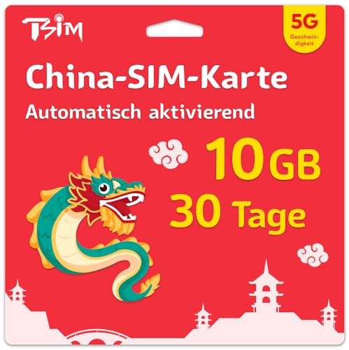 TSIM China SIM-Karte 30 Tage | 10 GB High-Speed-Daten | Automatische Aktivierung | Hotspot-Sharing erlaubt | Unterstützt Google, Facebook, Whatsapp und mehr. Nur Daten, Keine Anrufe.
