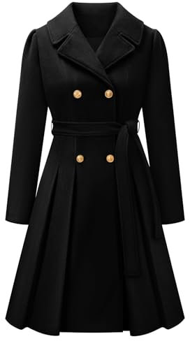 Vancavoo Wollmantel Damen Winter Lang Mantel A-linie Wintercoat Winterjacke Knielang Trenchcoat Revers Zweireihiger Elegant Jacke Outwear,Schwarz,M