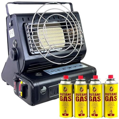 Easy Shopping® 2 In 1 Portable Gas Heater & Stove with FOUR Butane Gas Canisters 227g for Outdoor Indoor Home Office Room Camping Fishing Caravan Picnic and Party Warm