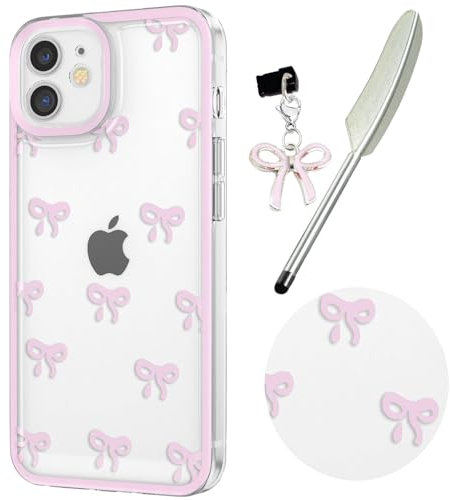 Knoowcase Case for iPhone 12, Cute Bowknot Pattern Clear Soft TPU Shockproof Phone Case for Women Girls, Slim Fit Silicone Bumper Shell Drop-Protection Transparent Cover for iPhone 12,Pink
