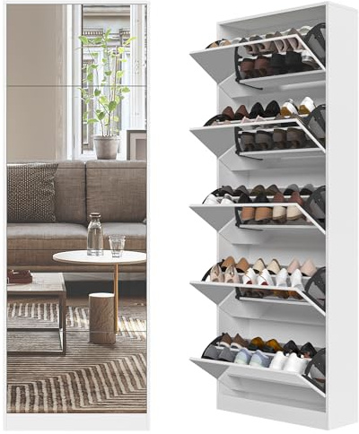 Organizedlife Mirrored Shoe Storage Cabinet with 5 Flip Drawers, 30 Pairs | Real Glass Mirror | Fits Men's Size 15 | Narrow Floor Standing | Entryway Organizer | Space-Saving | White