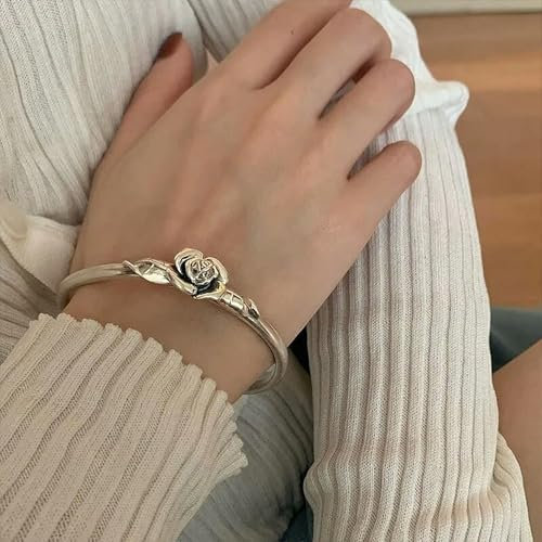 Bracelet Manchette Ouvert en Argent 925 avec Rose, Bracelet Unique et élégant