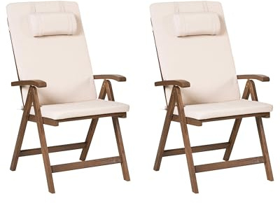 Beliani Set of 2 Rustic Garden Chairs Natural Acacia Wood Adjustable Foldable with Armrests Light Beige Cushions Amantea Premium