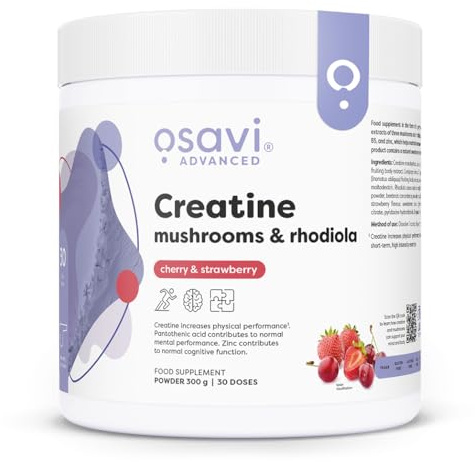 Osavi Creatine + Mushrooms & Rhodiola – 300 g Powder | Cherry & Strawberry | with Lion’s Mane, Cordyceps & Chaga | Increases Performance in Short Bursts of high Intensity Exercise | B6, B5, Zinc