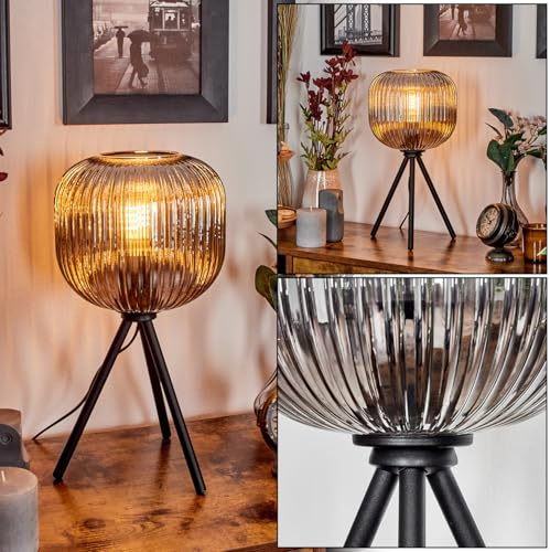 HOFSTEIN Tischleuchte Trion, Tischlampe aus Metall/Riffelglas in Schwarz/Rauchfarben, Leuchte im Retro/Vintage-Design, (Ø 20cm), Schalter am Kabel, E27, Wohnzimmer, Schlafzimmer, Esszimmer, Flur, Büro