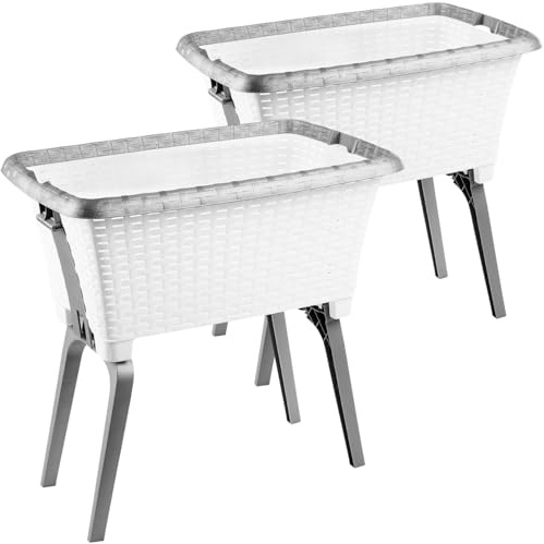 Livinja Wäschewanne 2er Set Wäschekorb mit Stand-Automatik, 60L, 40x26x60 cm, Kunststoff in Weiß, mit Beinen und stabiler Flechtoptik, Made in EU – Leicht, Modern, Stapelbar