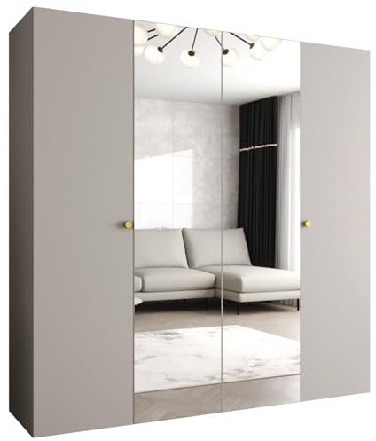 MEBLE KRYSPOL - Kleiderschrank - Garderobenschrank - 200 cm x 202 x 52 cm - Schrank mit Kleiderstange und Spiegel, 4 Türen - für Schlafzimmer, Flur - Parma, Kaschmir, Griff Gold