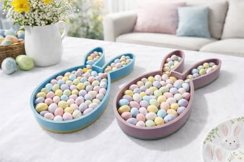 Easter Bunny Shaped Snack Tray, Pastel Blue and Pink Serving Dishes, 2 Pack