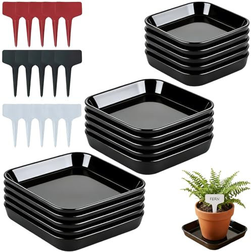 15 Platos Cuadrados para Macetas, 7x7/10x10/12x12cm, Platillos para Macetas de Plástico, Incl. 15 Etiquetas de Plantas, Varios Tamaños