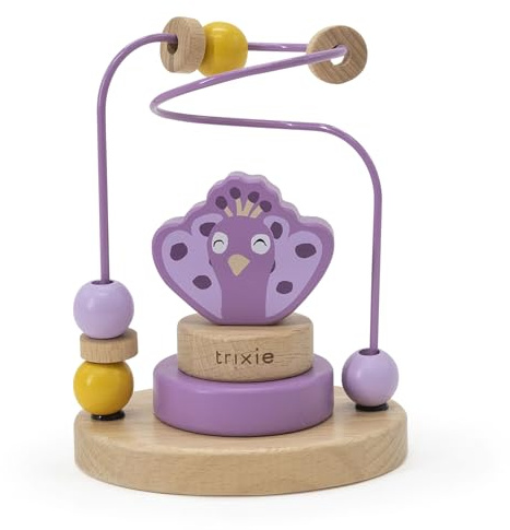 Trixie Baby wooden motor skills loop 2-in-1 with stacking game, FSC-certified beech wood, animal motif, from 12 months (Mrs Peacock)