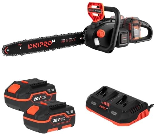 Dnipro-M Motosierra Batería 40V, Espada 40cm, 2x4Ah. DCS-201BC Dual | Cadena de 16 m/s, lubricación automática, freno de emergencia y tensado sin llave; incluye 2 baterías de 4Ah y cargador doble