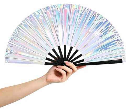 Rndqw Rave Fan, Folding Fan, Clack Fans, Large Glitter Silver Handheld Fans for Lridescent Festivals Disco Dance Party Night Club Rainbow Outfits and Cooling in Various Occasions