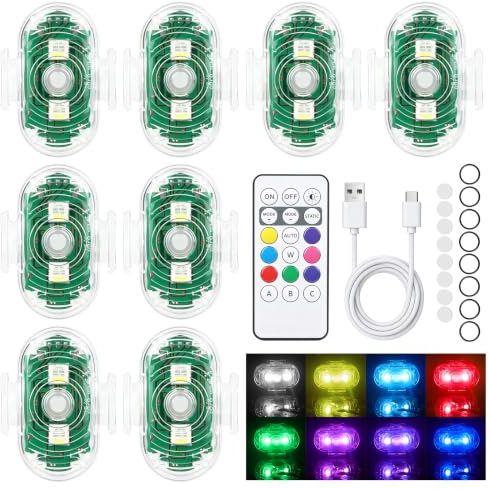 FENYW 8 Stück Kabellose LED Lichter, 8 Farben Wasserdicht Blitzlicht mit Fernbedienung, USB-Aufladung Antikollisionslichter, USB Aufladung Blitzleuchte für Motorrad, Drohne, Camping, Angeln