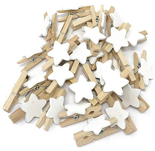 Lot de 25 mini pinces à linge de 30 mm avec étoiles blanches de 18 mm - Pour mariage et Noël
