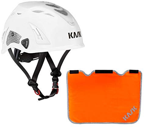 KASK Schutzhelm, Bergsteigerhelm, Industriekletterhelm Plasma HI VIZ Reflexstreifen, EN 397 + Nackenschutz orange für BG Bau Förderung, Farbe:weiß