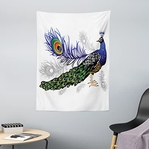 ABAKUHAUS Frühling Wandteppich, Wilde Pfauenfeder aus Weiches Mikrofaser Stoff Waschbar ohne Verblassen Digitaldruck, 110 x 150 cm,Blau Grün