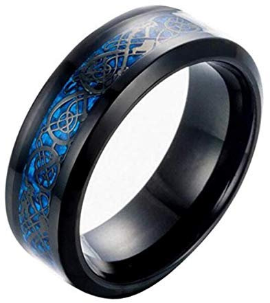 HIJONES Herren Celtic Dragon Blue Kohlefaser Schwarz Edelstahl Ring Ehering 8MM Größe 52