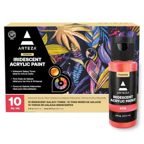 ARTEZA Iridescent Acrylic Paint Set, 10 Galaxy Tones, 60 ml / 2 fl oz Bottles, Shimmer Water-Based Paints for Canvas, Wood, Rocks, Fabric, Paper, and Mixed Media