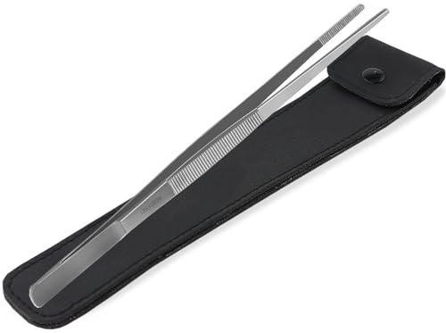 Profi Grillzange Grillpinzette Kochpinzette aus Rostfreiem Edelstahl 30 cm | Pinzette mit Innenzahnung in gerader Ausführung im Etui für präzises Fassen und Wenden von Fleisch, Würstchen oder Gemüse
