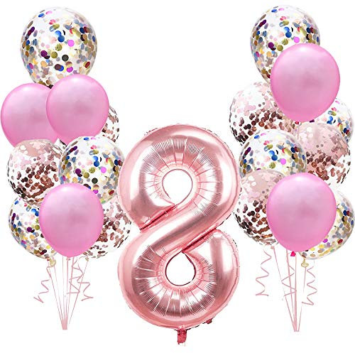 Geburtstagsdeko Rose Gold für 8.Mädchen Set: Riesen Roségold Helium Folienballons Zahl 8 (Zahlen 100cm)& Rosa Ballon & Konfetti Luftballons für 8 Jahre Kinder Junge Tochter Geburtstag Party Dekoration