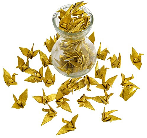 WANDIC Origami-Papier-Kraniche, 50 Stück, handgefertigt, gefaltet, Origami-Papier, Girlande für Hochzeit, Party, Kulisse für Zuhause, Dekoration, Glitzer-Gold