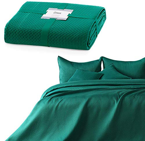 AmeliaHome Tagesdecke 200x220 cm dunkelgrün Bettüberwurf zweiseitig Prägung Matt Satin Carmen