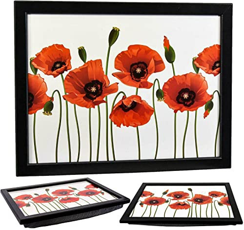 The Magic Toy Shop Wooden Lap Trays with Bean Bag Cushion and Poppies Design - Large Padded Tray with Cushion for Kids and Adults - Suitable for Food, Work, Art, Studies, TV, Sofa, Bed