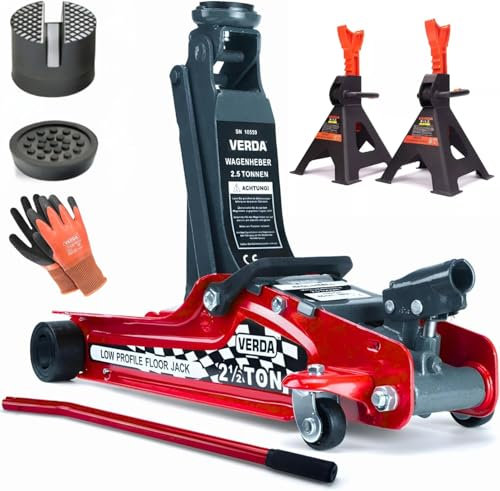 Verda Profi Hydraulischer Wagenheber 2,5T, 85-385mm, 2X Gummi, 2X Unterstellböcke PKW SUV Rangierwagenheber Auto Heber Wohnmobil, Geländewagen (Wagenheber 2,5T + 2X Unterstellbock)