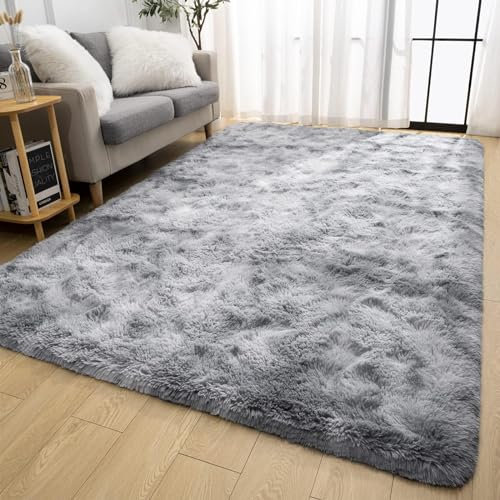 Calore Teppich für Wohnzimmer, Shaggy, Schlafzimmer, moderner Teppich, für Innenräume, komfortabel, Haus, weicher Teppich für Wohnzimmer (Grau/Weiß, 160 x 200 cm)