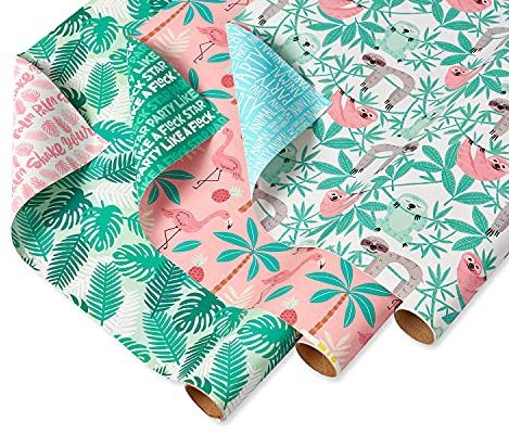 American Greetings Wendbares Geschenkpapier mit Handflächen, Faultieren, Flamingos, für alle Anlässe, Grün und Pink, 3 Rollen (120 m²)