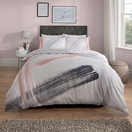 Sleepdown Abstract Brush Strokes White Blush Pink Charcoal Grey Reversible Duvet Cover Quilt and Pillow Case Bedding Set Soft Easy Care-Single (135cm x 200cm), Polycotton