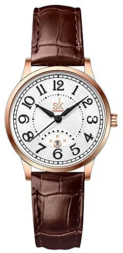 SHENGKE SK Classic Business Women Watches with Stainless Steel Band and Genuine Leather Elegant Ladies Calendar Watch(Brown)