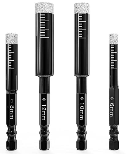 Jeu de forets pour carrelage, Jeu de forets diamantés, 5 Pièces, pour le perçage à sec sur la porcelaine dure, céramique, carrelage, granit, marbre, Noir 6/8/10/12mm + 6mm Spear Head Mèche Bit…